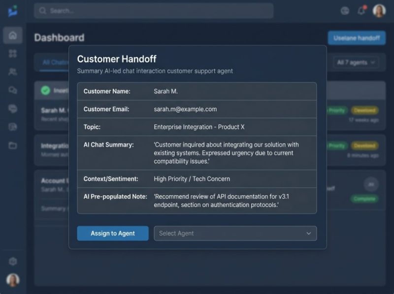 Internal dashboard showing an AI-summarized customer chat, ready for seamless handoff to a human support agent.
