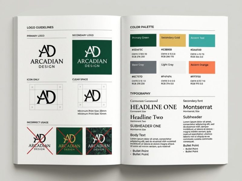 Detailed pages of a professional brand style guide, showcasing logo variations, color palettes, typography, and brand guidelines.