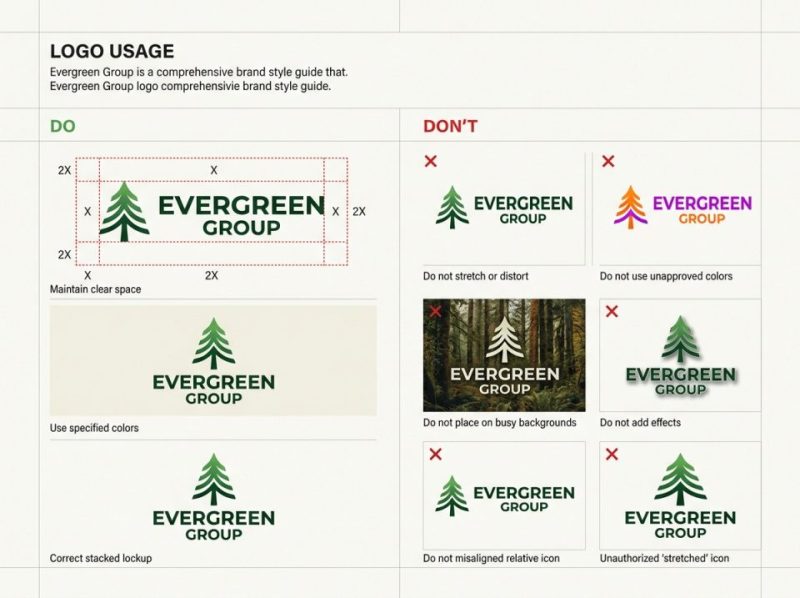 Brand style guide page showing correct and incorrect logo usage examples for consistent brand application.