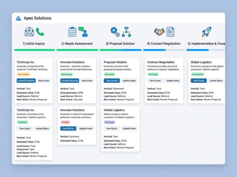 A custom CRM software interface showing a multi-stage sales pipeline with optimized workflows, tailored for specific business processes.