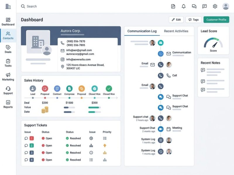 Screenshot of a custom CRM dashboard for Aurora Corp., displaying a unified 360-degree customer view with integrated sales, support, and communication data.