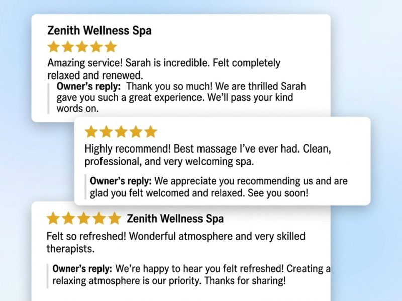 Google Maps interface displaying a business profile with optimized information and excellent customer reviews.