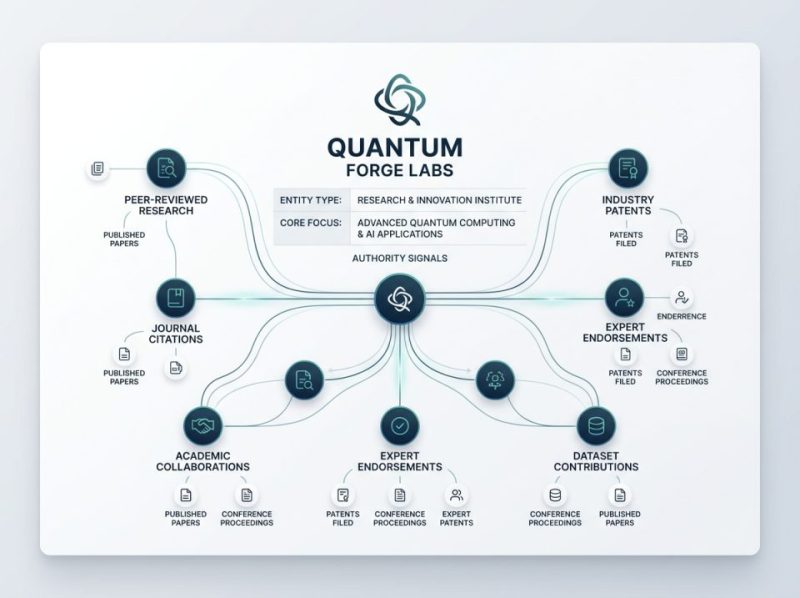 Stylized knowledge panel for a fictional entity, showing interconnected authority signals for AI trust and confident citation.