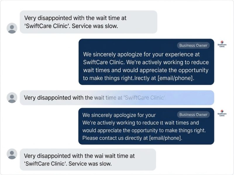 Digital draft of a strategic reply to a critical Google review, illustrating proactive online reputation management.