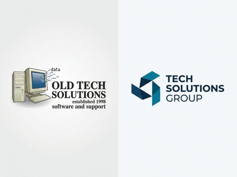 Before-and-after comparison of a logo redesign, showing an outdated logo transformed into a modern, professional brand mark.