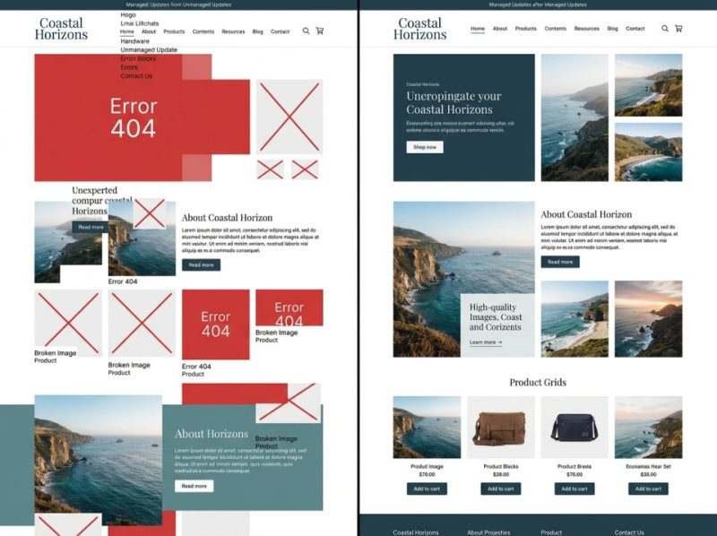 Side-by-side view: a broken website before managed updates contrasted with a fully functional website after updates.