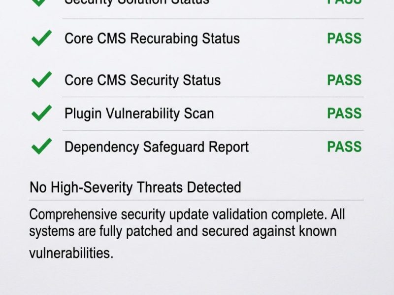 Close-up of a digital security audit report showing 'No High-Severity Threats Detected', symbolizing effective managed updates.