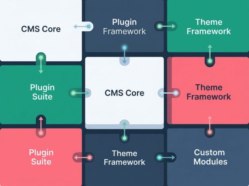 Diagram showing interlocking components representing plugins and themes, illustrating perfect compatibility after system updates.