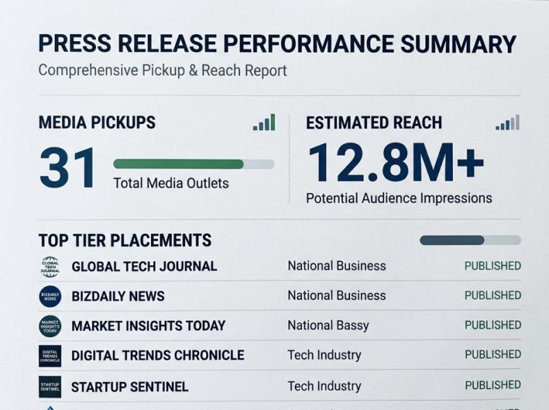 Screenshot of a press release performance report displaying media pickups, reach metrics, and key distribution analytics.