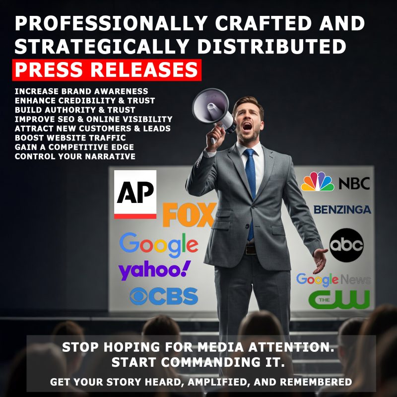 Businessman with megaphone commands attention, surrounded by media logos (AP, FOX, NBC, Google) representing press release distribution.