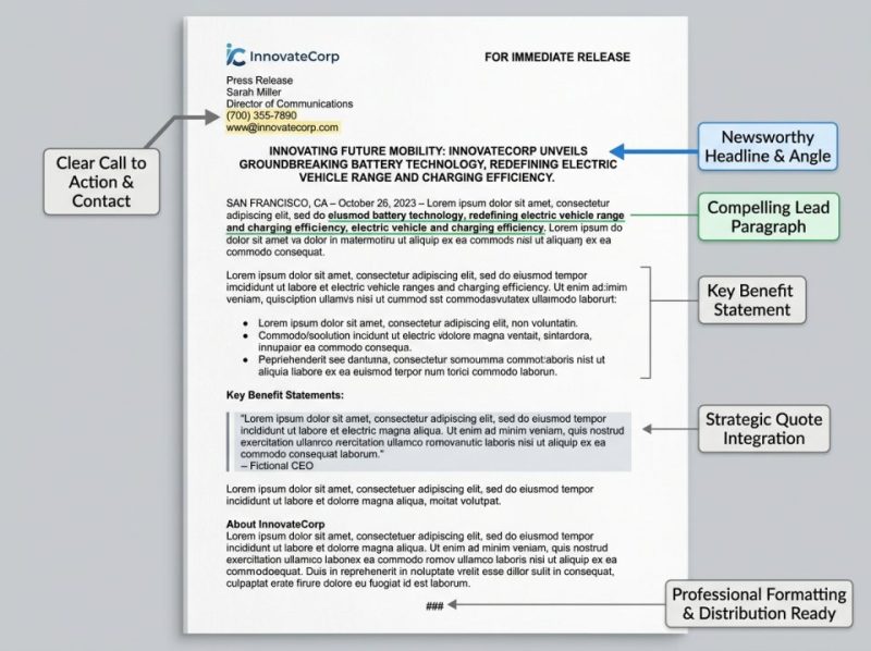 A well-structured press release document showing headline, date, and body paragraphs, optimized for news outlets.