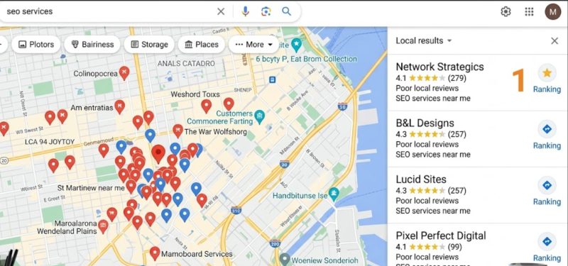 Screenshot of Google Maps showing 'seo services' search results with a map of businesses and a list of local rankings.