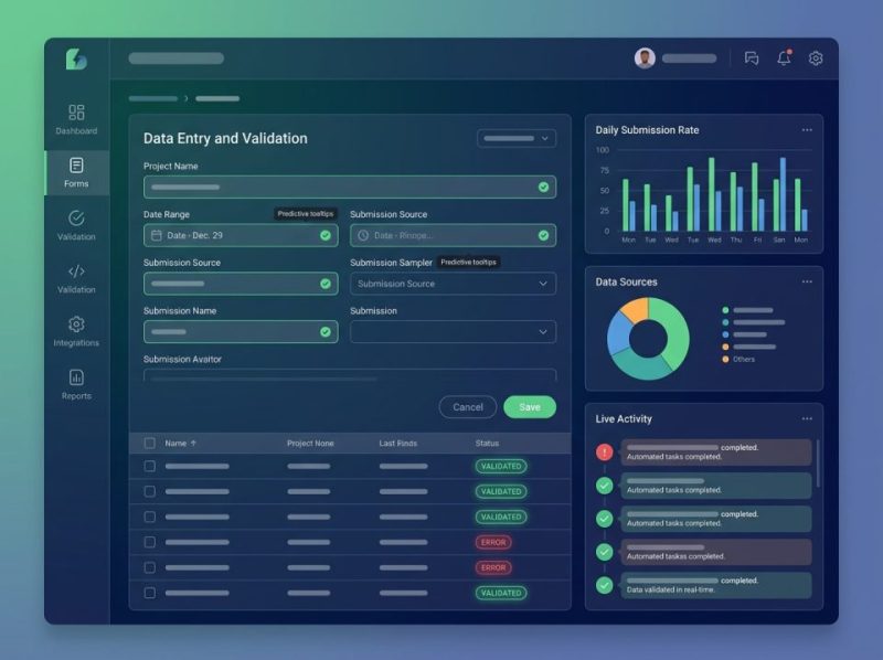 Screenshot of a custom web app dashboard displaying automated workflow and data capture features with charts and input fields.
