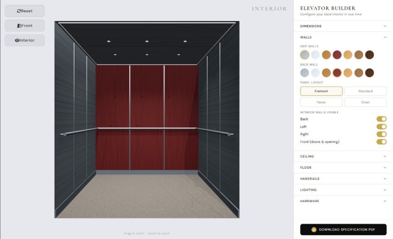 Elevator Builder 3D configurator showing interior preview and customization controls