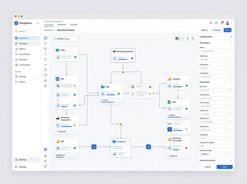 Screenshot of a custom web application UI for a unified system integration platform, displaying data flow and dashboards.