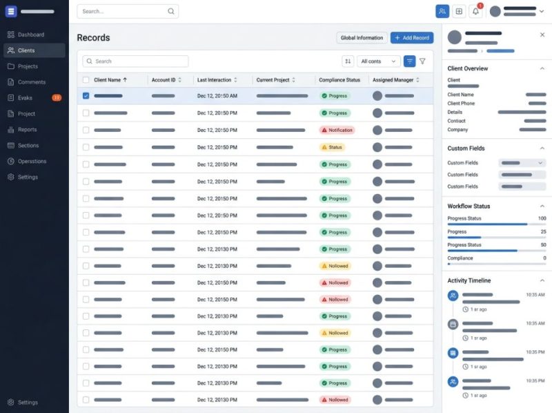 Full-bleed screenshot of a custom CRM and operations platform UI, showcasing tailored data fields, dashboards, and workflow management.