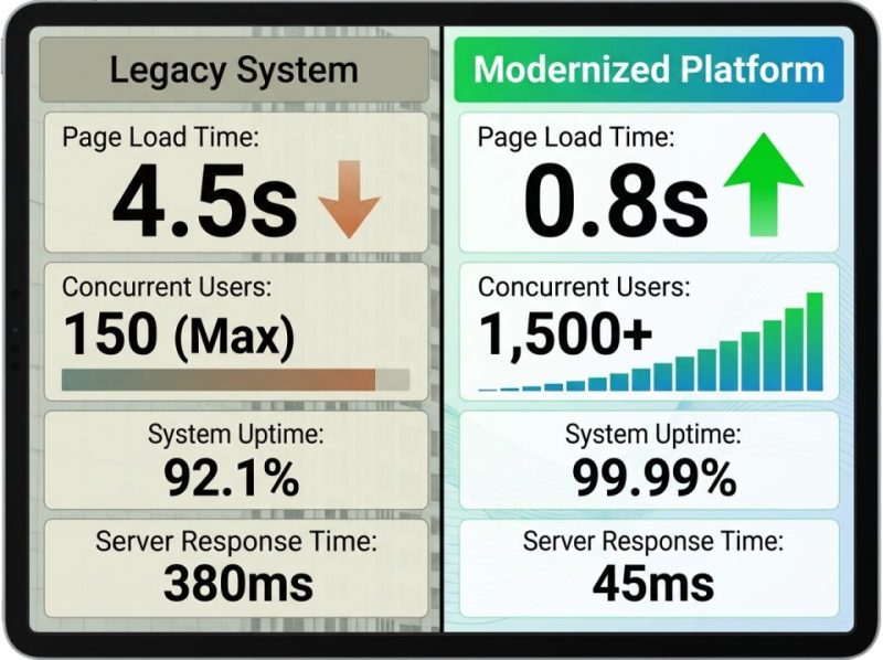 Visual comparison showing a slow, outdated system transforming into a fast, modernized platform, symbolizing dramatic performance improvement.
